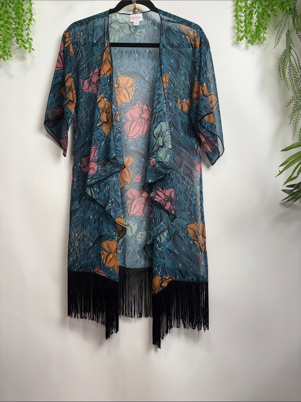 LuLaRoe Teal Floral Open Kimono with Black Detail - Picture 6 of 9